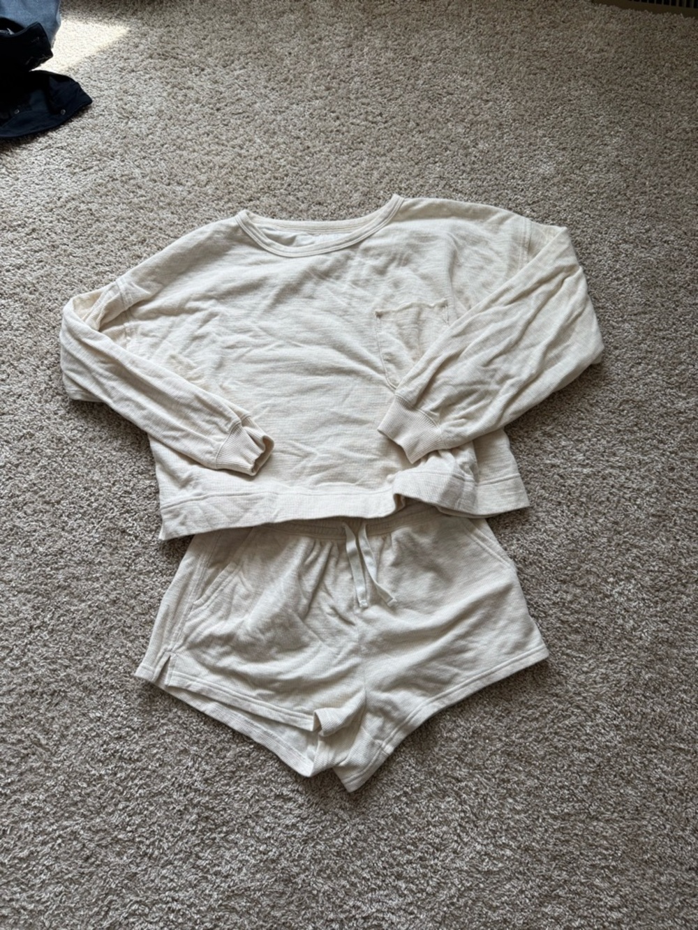 aerie Cream Long-Sleeve Lounge Top & Drawstring Shorts Set